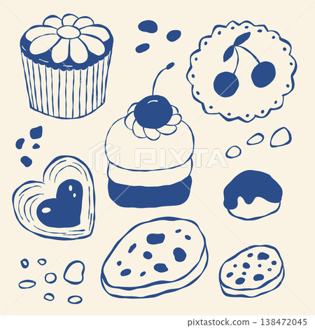 Cute dessert icons drawn in blue outline on cream background Cute dessert icons drawn in blue outline on cream background 138472045
