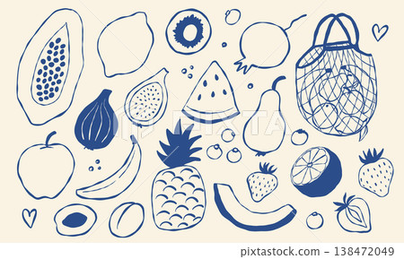 Blue ink doodle of assorted fresh fruits in mesh bag 138472049