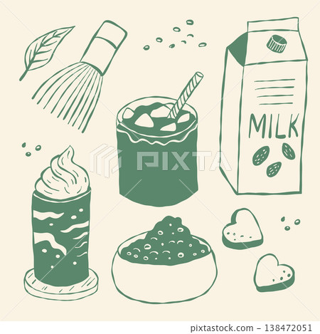 Handdrawn elements include matcha whisk, milk carton, whipped cream 138472051