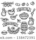 Hand drawn doodles olive branches and individual olives. Olive tree branches, oil packaging. 138472391