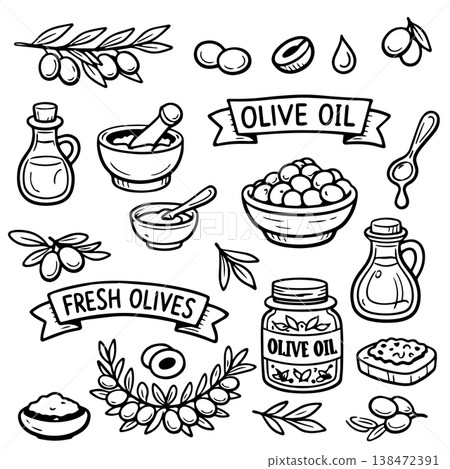 Hand drawn doodles olive branches and individual olives. Olive tree branches, oil packaging. Hand drawn doodles olive branches and individual olives. Olive tree branches, oil packaging. 138472391
