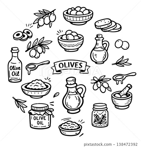 Hand drawn doodles olive branches and individual olives. Olive tree branches, oil packaging. Hand drawn doodles olive branches and individual olives. Olive tree branches, oil packaging. 138472392