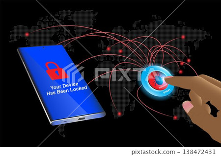 Hackers press a button to run malware that spreads to all smartphones. Hackers press a button to run malware that spreads to all smartphones. 138472431