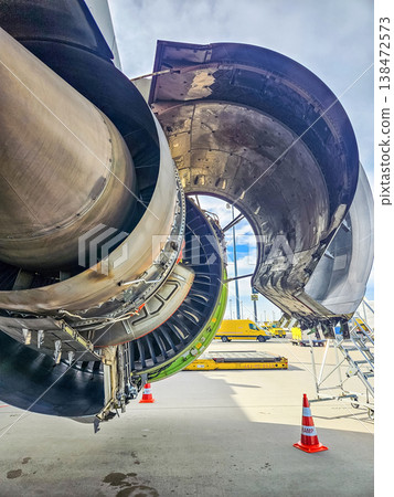 Aircraft jet engine with an open cowling for maintenance at the airport service area. Aircraft jet engine with an open cowling for maintenance at the airport service area. 138472573