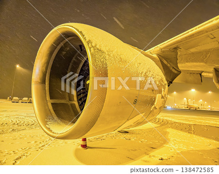 Close-up of a snow-covered jet engine on an airplane wing at an airport during a winter blizzard at night. Close-up of a snow-covered jet engine on an airplane wing at an airport during a winter blizzard at night. 138472585