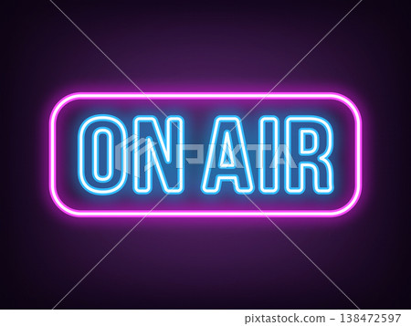 Outline neon On Air text, magenta blue icon. Neon On Air sign with frame. Broadcast music radio, tv show and podcast. Online sport game stream, live play. News on air, live interview. Vector Outline neon On Air text, magenta blue icon. Neon On Air sign with frame. Broadcast music radio, tv show and podcast. Online sport game stream, live play. News on air, live interview. Vector 138472597