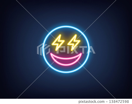 Outline neon pleasure emoji, blue yellow pink. Neon emoji with lightning eyes and smile. Excitement emoticon, anticipation feeling, enthusiasm face, surprise, flash eyes, positive mood. Vector Outline neon pleasure emoji, blue yellow pink. Neon emoji with lightning eyes and smile. Excitement emoticon, anticipation feeling, enthusiasm face, surprise, flash eyes, positive mood. Vector 138472598