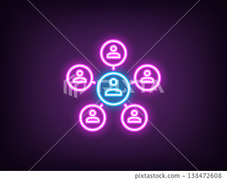Outline neon leader icon, blue magenta. Neon central chief, centralized management system. Head authority, team control organization, teamwork manage, distribution system, social network. Vector 138472608
