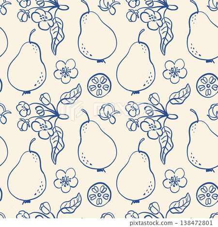 Hand-drawn pears and blossoms in blue ink on cream background Hand-drawn pears and blossoms in blue ink on cream background 138472801