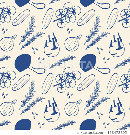 Hand-drawn vegetables and herbs in blue ink on cream background Hand-drawn vegetables and herbs in blue ink on cream background 138472805