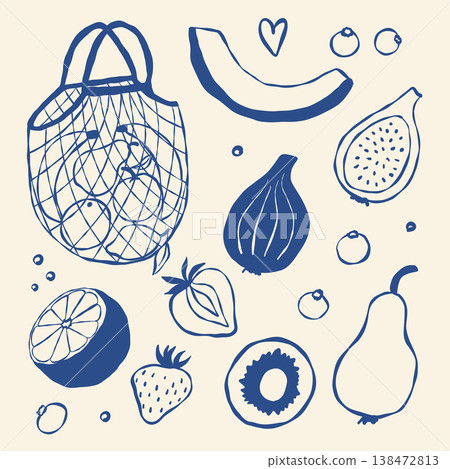 Artistic line drawings of various fruits with textured background and playful layout 138472813