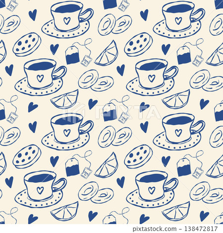 Decorative pattern with tea cup, cookies and lemons. Charming handcrafted design for fabric and paper 138472817