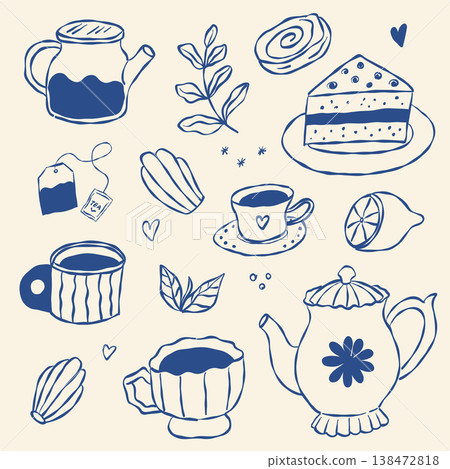 Artistic line art of cozy tea service with decorative elements and warm ambiance 138472818