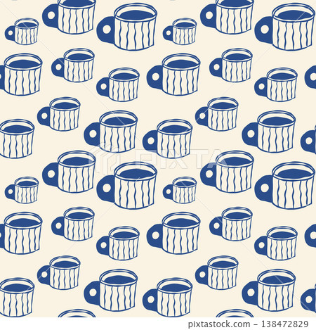 Retro style blue sketch of repeated ceramic cups pattern for kitchen surface decoration 138472829