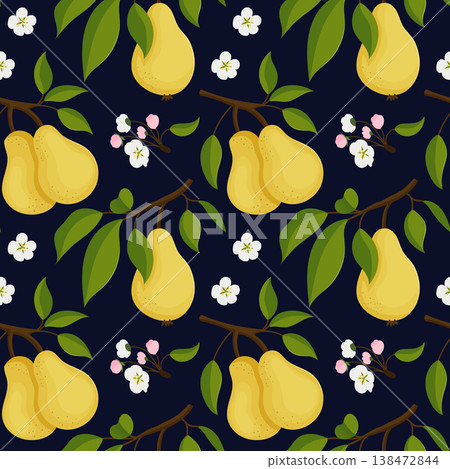 Seamless pattern with pears on tree branches with flowers, dark background Seamless pattern with pears on tree branches with flowers, dark background 138472844