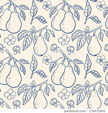 Seamless vector pattern featuring hand drawn pears with leaves and flowers in blue monochrome style. Seamless vector pattern featuring hand drawn pears with leaves and flowers in blue monochrome style. 138472845