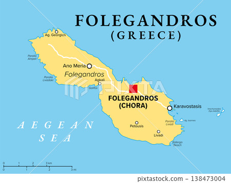 Folegandros, Greek island, political map. Small Greek island in the Aegean Sea, and part of the southern Cyclades, with three small villages Chora, Karavostasis, and Ano Meria. Illustration. Vector Folegandros, Greek island, political map. Small Greek island in the Aegean Sea, and part of the southern Cyclades, with three small villages Chora, Karavostasis, and Ano Meria. Illustration. Vector 138473004