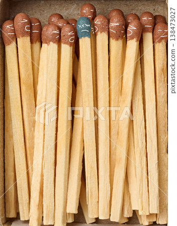 A single blue matchstick with a sad face among brown ones symbolizes bullying, loneliness, and crowd pressure. A single blue matchstick with a sad face among brown ones symbolizes bullying, loneliness, and crowd pressure. 138473027