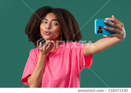 Happy African American Woman Talking To Camera As Video Call, Makes Selfie 138473100