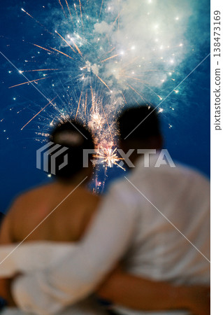 Newly Married Pair Shares Joyful Moment Under Colorful Fireworks Display 138473169
