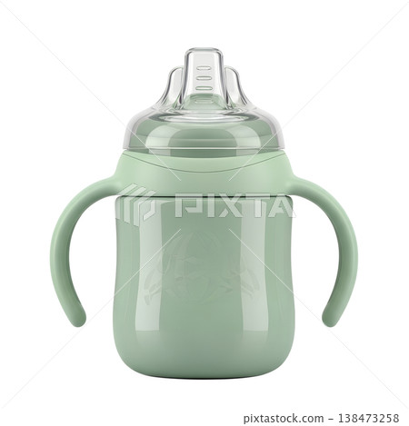 Cheerful green baby sippy cup featuring easy-grip handles and a soft silicone spout, perfect for teaching toddlers independent drinking skills 138473258