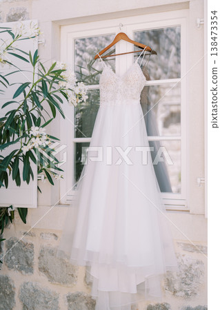 Beautiful Bridal Gown Draped Delicately With Leafy Surroundings Nearby 138473354