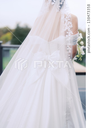 Poised Bride Amidst Urban Setting With Soft Lighting And Intricate Dress 138473358