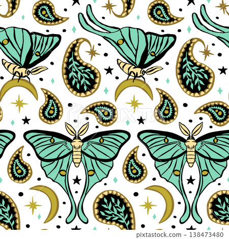 Cream and teal seamless pattern with celestial luna moth and paisley motif 138473480