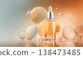 Luxury 3D render of serum dropper bottle with floating molecular bubbles, amber glass packaging on warm orange and blue gradient, biotech skincare, anti-aging beauty product. This is AI-generated item 138473485