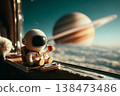 Tiny cute astronaut sitting by the window of a spacecraft and drinking coffee, Saturn with rings in the background, cozy space travel concept, futuristic trip. This is AI-generated item.  138473486