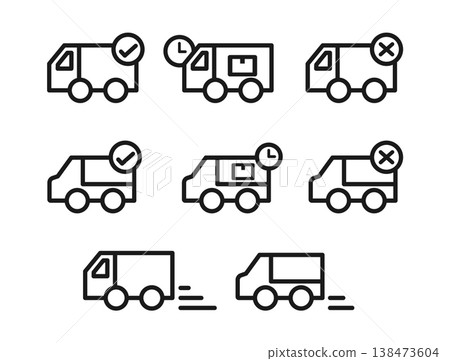 卡車圖標集(線條圖)(物流、配送中、配送完成、運輸) 卡車圖標集(線條圖)(物流、配送中、配送完成、運輸) 138473604