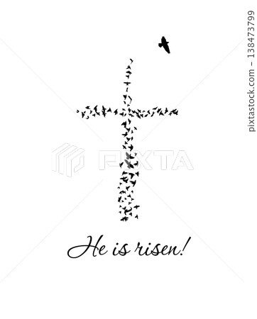 black cross religious with birds He is risen. Happy easter. hand drawing. Not AI . Vector illustration. 138473799