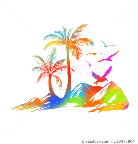 Graphic colored palm tree with seagulls. hand drawn. Not AI, Vector illustration. 138473804