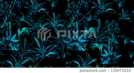 Seamless background of blue neon flowers on black. Hand drawn. Not AI, vector illustration. Seamless background of blue neon flowers on black. Hand drawn. Not AI, vector illustration. 138473810