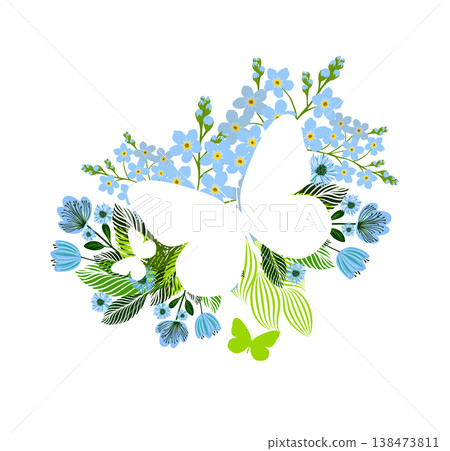 Abstract butterfly and forget-me-nots. print on a T-shirt. Hand drawn. Not AI, vector illustration. Abstract butterfly and forget-me-nots. print on a T-shirt. Hand drawn. Not AI, vector illustration. 138473811