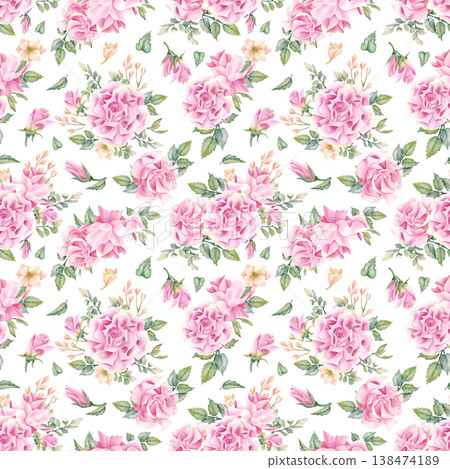 Pink rose watercolor seamless pattern, delicate floral repeat backdrop with flowers. Pastel color botanical summer Illustration isolated from background for wrapping paper, packaging, textile Pink rose watercolor seamless pattern, delicate floral repeat backdrop with flowers. Pastel color botanical summer Illustration isolated from background for wrapping paper, packaging, textile 138474189