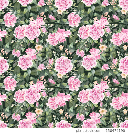 Watercolor pink flowers seamless pattern on dark green background. Floral ornate delicate flowers. Botanical spring hand painted Illustration for wallpaper, packaging, textile, wrapping paper design 138474190