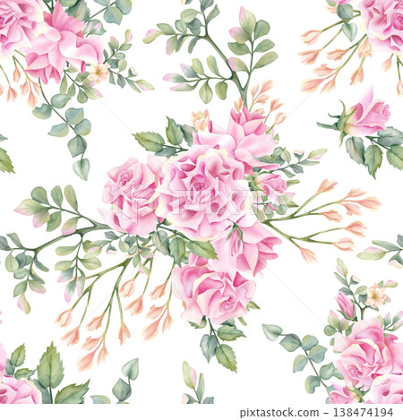 Summer floral seamless pattern watercolor, delicate pink rose and freesia with greenery. Fresh flowers. Pastel color botanical beautiful Illustration isolated from background for packaging, textile Summer floral seamless pattern watercolor, delicate pink rose and freesia with greenery. Fresh flowers. Pastel color botanical beautiful Illustration isolated from background for packaging, textile 138474194