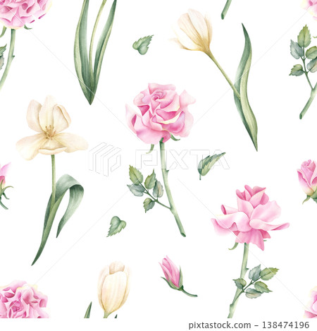 Beautiful botanical delicate watercolor seamless pattern. Repeat background with rose and blooming tulips. Hand painted garden flowers. Illustration for card, textile design, wallpapers, packaging Beautiful botanical delicate watercolor seamless pattern. Repeat background with rose and blooming tulips. Hand painted garden flowers. Illustration for card, textile design, wallpapers, packaging 138474196