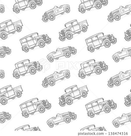 Retro car sedan, coupe, roadster, pickup truck. Vintage engraving seamless pattern 138474316