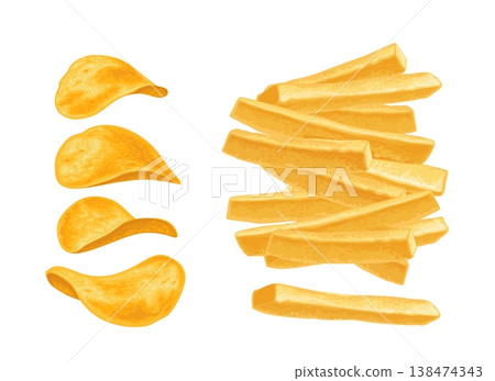 French fry stick potato and chips. Vector color realistic illustration. French fry stick potato and chips. Vector color realistic illustration. 138474343