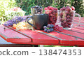 Fresh Berries and Coffee on Red Rustic Garden Table 138474353