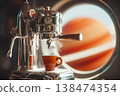 Vintage chrome espresso machine on a spacecraft, steaming coffee cup by a porthole with Jupiter view, retro-futuristic space hospitality and interstellar morning This is AI-generated item 138474354