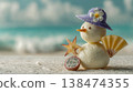 A snowman on a tropical beach holding dragon fruit slice, wearing frangipani flower hat, winter holidays in paradise concept, exotic summer vacation, whimsical food art. This is AI-generated item 138474355