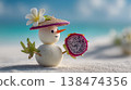 A snowman on a tropical beach holding dragon fruit slice, wearing frangipani flower hat, winter holidays in paradise concept, exotic summer vacation, whimsical food art. This is AI-generated item 138474356