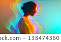 Artistic silhouette of a woman with vibrant colorful light trails and motion blur, creative double exposure effect, holographic neon aura, pensive soulful portrait This is AI-generated item 138474360