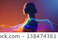 Artistic silhouette of a woman with vibrant colorful light painting effect, motion blur and double exposure style, creative performance in glowing neon, This is AI-generated item 138474361