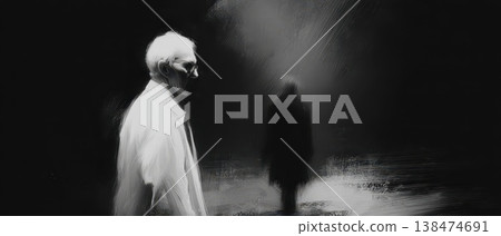 Ethereal figure of an old man cloaked in white 138474691