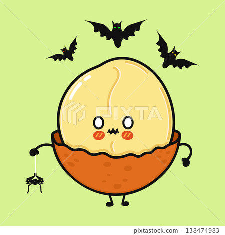 Halloween hazelnut character holding spider with bats flying Halloween hazelnut character holding spider with bats flying 138474983