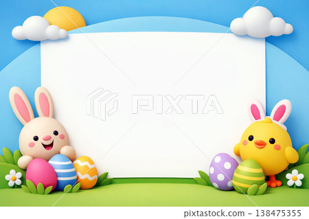 Happy Easter Bunny and Chick with Colorful Eggs Happy Easter Bunny and Chick with Colorful Eggs 138475355